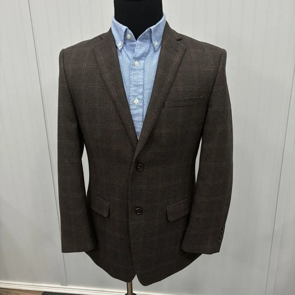 Joseph Abboud 38R Dark Brown Check Tweed Wool 2-Button Dual-Vent Sports Coat